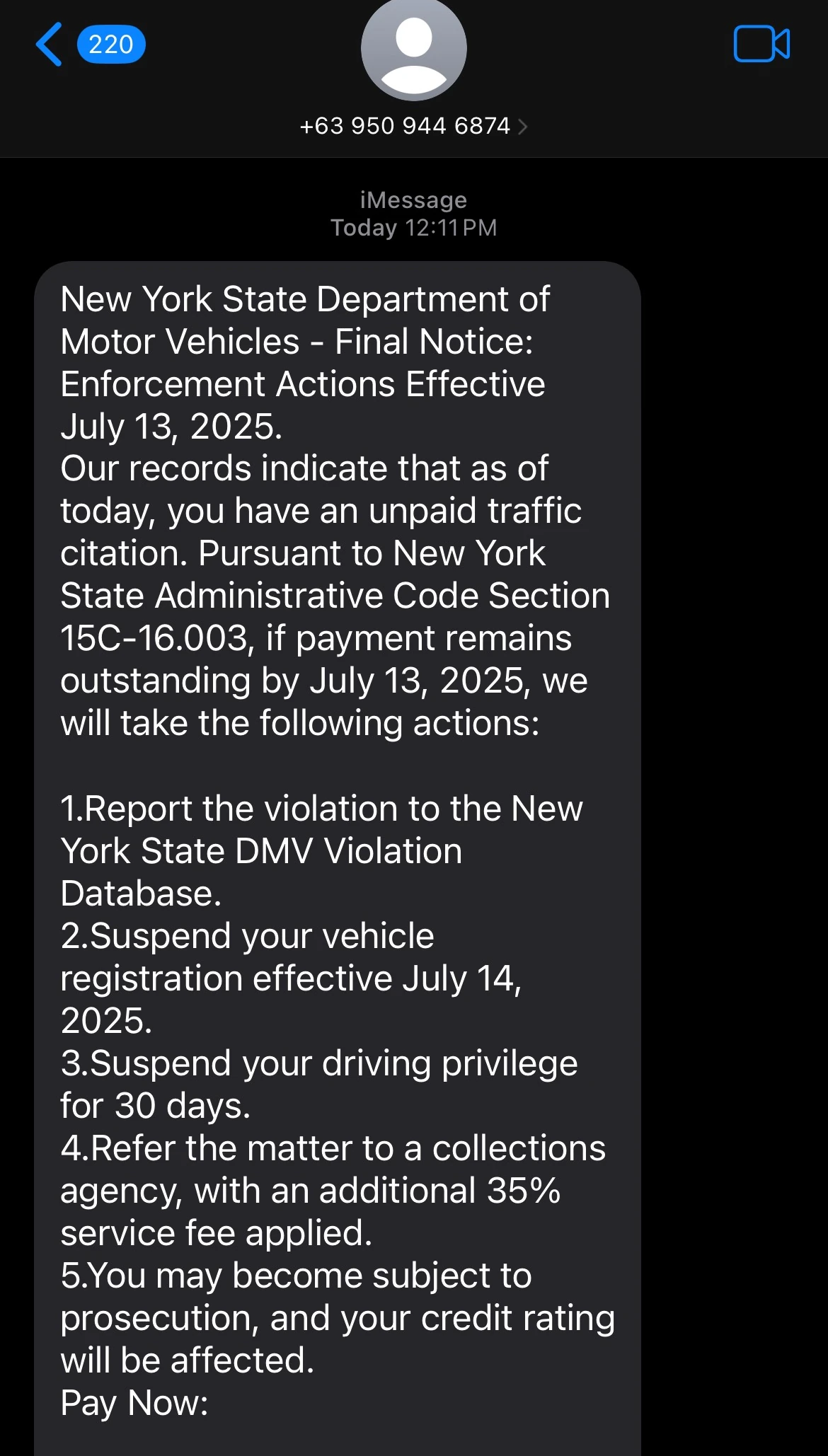 DMV scam text message